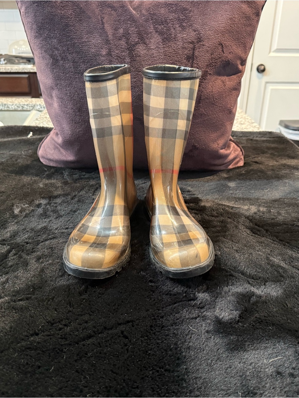 Plaid Tan Black Burberry Waterproof Rain Boots